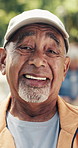 Face, funny and old man in park, fitness and retirement activity for health benefits. Outdoor, pensioner and senior person with happiness, exercise or laughing for positive mindset, smile or wellness
