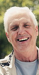 Laughing, face and senior man in park, relax and confident for fitness in nature, exercise or health. Outdoor, elderly person and happy for wellness with workout, holiday and joke on break in USA