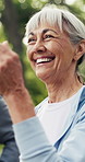 Fitness, smile or old woman in park with class, aerobic exercise or workout in wellness hobby together. Happy, senior people or coach with bokeh, walking activity or group training in retirement.