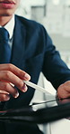 Pen, tablet and hands of businessman in office for research, networking or planning finance project. Digital technology, stylus and financial manager with writing for investment proposal in workplace