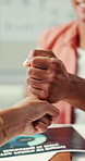 Hands, people and meeting with fist bump in office for good news, celebration and finance report. Team, hand gesture and document with data analysis, staff motivation and support for investment deal