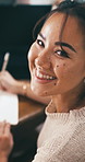 Happy woman, face and journalist with book for writing story, reminder or ideas in home. Portrait, female person or writer with smile, notebook or diary for journalism, report or information in house