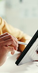 Pen, tablet and hands of person in office with startup business for creative career with UI testing. Digital technology, stylus and UX artist with online graphic designing on app in workplace.