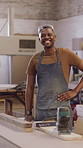 Face, black man and carpenter with smile at workshop for career pride, about us and restoration. Portrait, male person and confident for furniture production, refurbishing wood and polished finish
