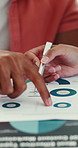 Documents, pen and hands of business people in office for finance statistics, chart or graph. Paperwork, meeting and financial advisors with data for investment proposal in workplace in collaboration
