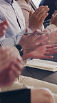 Applause, conference and hands of business people in auditorium for presentation or training. Audience, seminar and workshop with corporate employee group clapping in crowd at symposium for success