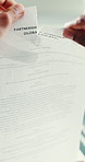 Business person, hands or tear with form for rejection, broken agreement or refusal in office. Closeup, partnership or no with contract application for proposal dismissal, bad deal or job termination