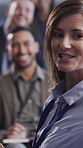 Business woman, audience and presentation at conference for compliance training, workshop and smile. Seminar, presenter and idea pitch, coaching and speaking to crowd for policy proposal in office