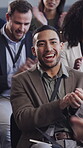 Applause, audience and conference with business man in auditorium for presentation or training. Development, seminar and workshop with corporate employee clapping in crowd at symposium for success