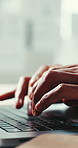 Hands, employee and typing on laptop in office for marketing email, editing blog or research. Content specialist, person and tech at PR agency for website copy, newsletter draft and planning campaign