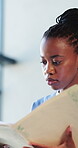 Documents, nurse and research with black woman in hospital for healthcare report, test results and plan. Medical history, paperwork and reading with person in clinic for treatment records and folder