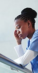 Disappointed, black woman and nurse with stress in hospital for medical mistake, failure or crisis with burnout. Tired, headache and African healthcare worker with fatigue for error at appointment.