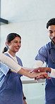 Hands stack, teamwork and doctors with nurse for collaboration, achievement and support in meeting. Hospital, healthcare and people together for surgery motivation, solidarity and applause in clinic