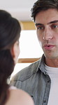 Man, talk and argument with woman at house for disagreement, blame and confrontation. Upset, people and frustrated with conflict, toxic relationship and emotional breakdown for cheating drama in home