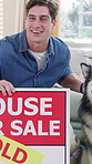 Man, new house and photo with sold sign, dog or hug with smile for fresh start with property investment. People, partner and smartphone with picture for web post, pet animal and board for real estate