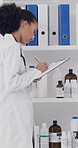Science, writing and clipboard with woman in laboratory for vaccine checklist, healthcare expert or case study. Chemical inventory, medical specialist and medicine with person for biochemist research