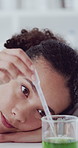 Bored, scientist and woman with pipette in lab for chemistry research, drug development or test tube. Dropper, chemist or person with beaker to transfer liquid, medical science or chemical experiment