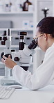 Microscope, research and science with woman in laboratory for development, innovation or investigation. Check, medical equipment and study with scientist person at desk for analysis or testing
