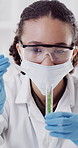Pipette, science and test tube with woman in laboratory for medical development or research. Dropper, experiment and organic sample with scientist at work for cure, herbal medicine or testing