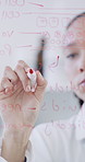 Formula, scientist or writing on board in lab, medical science or chemistry solution for breakthrough. Problem solving, equation or woman with research for biology outcome, symbol or trial planning