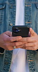 Phone, texting and hands of person outdoor for social media, message platform and contact. Online chat forum, communication and research with man and mobile for digital, connection and typing