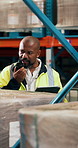 Radio, tablet and logistics worker in warehouse for inspection with quality assurance for shipping. Technology, talking and African male supply chain employee with stock management for cargo service.