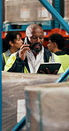 Tablet, black man and logistics worker with phone call in warehouse with packages for shipping. Technology, inspection and African supply chain employee on mobile discussion for stock management.