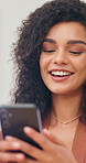 Phone, laugh and businesswoman in office with texting, networking or communication on mobile app. Technology, happy and female person with cellphone for email, contact or social media in workplace.