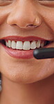 Call center, smile and mouth in agency with headset, contact us or advice in crm service. Professional, woman and consultant in workplace with tech, online assistance or feedback in client support.