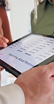 People, hands and discussion in office with tablet screen, finance statistics or accounting report. Team, chat or tech in workplace with revenue numbers, financial statement or review info for audit.