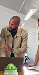 Meeting, man and team with laptop, office and planning for ad campaign on website and collaboration. Business, colleagues and people with ideas for digital marketing, flare and research with tech