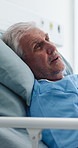 Hospital, talking and senior man in bed with doctor for surgery results, diagnosis and consulting. Healthcare, treatment and elderly person speaking for recovery, rehabilitation and medical service