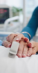 Healthcare, support and couple in hospital with hand holding, connection and empathy for patient diagnosis. Medical, mature people and clinic with compassion, unity or comfort for operation results