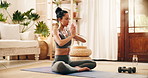 Woman, meditation and yoga with namaste at house for fitness, spiritual healing and mindfulness. Female person, breath and inner peace with lotus pose, holistic balance and chakra energy for wellness