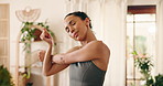 Fitness, home and woman stretching arms for exercise preparation, health and triceps for wellness. House, warm up muscle and person getting ready for workout, training and flexibility with self care
