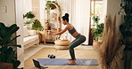 Fitness, squat and woman with laptop in house, virtual workout class and video tutorial for streaming. Legs training, online exercise subscription and person with pc for routine, balance and internet