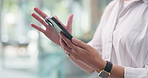 Woman, hands and scroll in office with phone, text message or search trend for social media marketing. Person, tech and browse in workplace with online chat, mobile app or email for digital branding.
