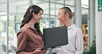 Laptop, meeting and surprise with business women in office together for reaction to good news. Computer, excited and wow with happy employee people in creative workplace for goal, milestone or target