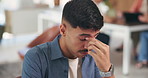 Frustrated, businessman and headache with stress in office for mistake, deadline or pressure. Tired, man or employee with eye strain, migraine or brain fog for fatigue, burnout or fail in workplace