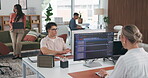 Coworking, computer screen or staff with web design in agency, typing code or ux project development. System maintenance, people or collaboration for feature update, site performance testing or tech