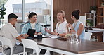 Business, woman and meeting with staff for discussion, planning and article feedback. Manager, talk and team listen with laptop, brainstorming and manuscript pitch with publication solution for story