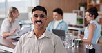 Face, happy and business man in meeting for event planning, coordination and about us in office. Portrait, person and coworking in workplace, creative organizer and confident intern with team