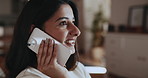 Smile, woman and remote work with phone call at house for discussion, confirm schedule and reporter chat. Person, mobile and conversation for editor feedback, contact source and publication proposal