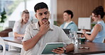 Man, thinking and meeting in office with tablet, insight and email feedback for advertising project. Person, reflection and typing in workplace with tech, research and thought for digital marketing.