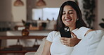 Couch, thinking or woman relax with phone on weekend, social media reflection or planning chat response . Notification, perspective or happy person with mobile in home, brainstorming or message idea