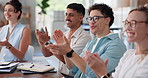 Applause, meeting and people in office, celebration for article publication and smile. Employees, clapping and journalist with submission approval, success and cheering for news report or achievement