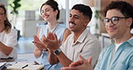 Applause, meeting and business people in office, cheering for submission publication and smile. Journalist, clapping and group with happiness, success and celebration for news report and achievement