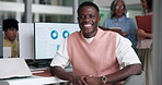 Computer screen, data and face of man in office for break or review of charts and statistics. Business, graphs and smile of happy employee at desk in workplace for analysis of digital information
