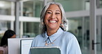 Mature, face or happy woman with tablet in office for company development, pride or improvement. Portrait, female person or researcher with smile or technology for creative progress in digital agency