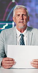 Face, businessman and document with financial newsroom for stock market, update and currency trading. Mature, tv person and paperwork with advice for foreign exchange, economy growth and host